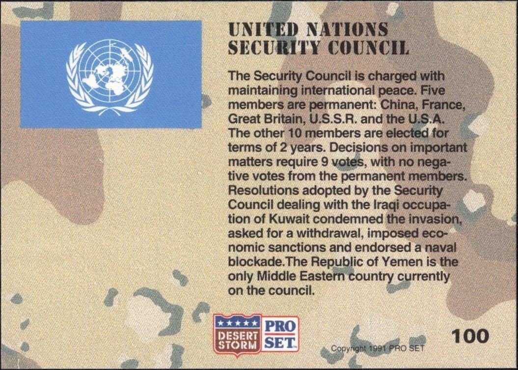 1991 Pro Set Desert Storm United Nations Security Council #100 military trading card back