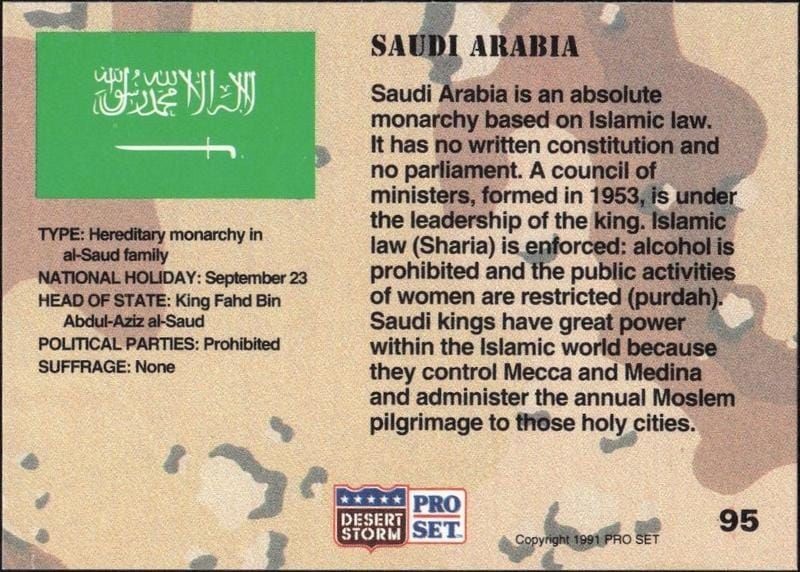 1991 Pro Set Desert Storm Saudi Arabia System #95 military trading card back