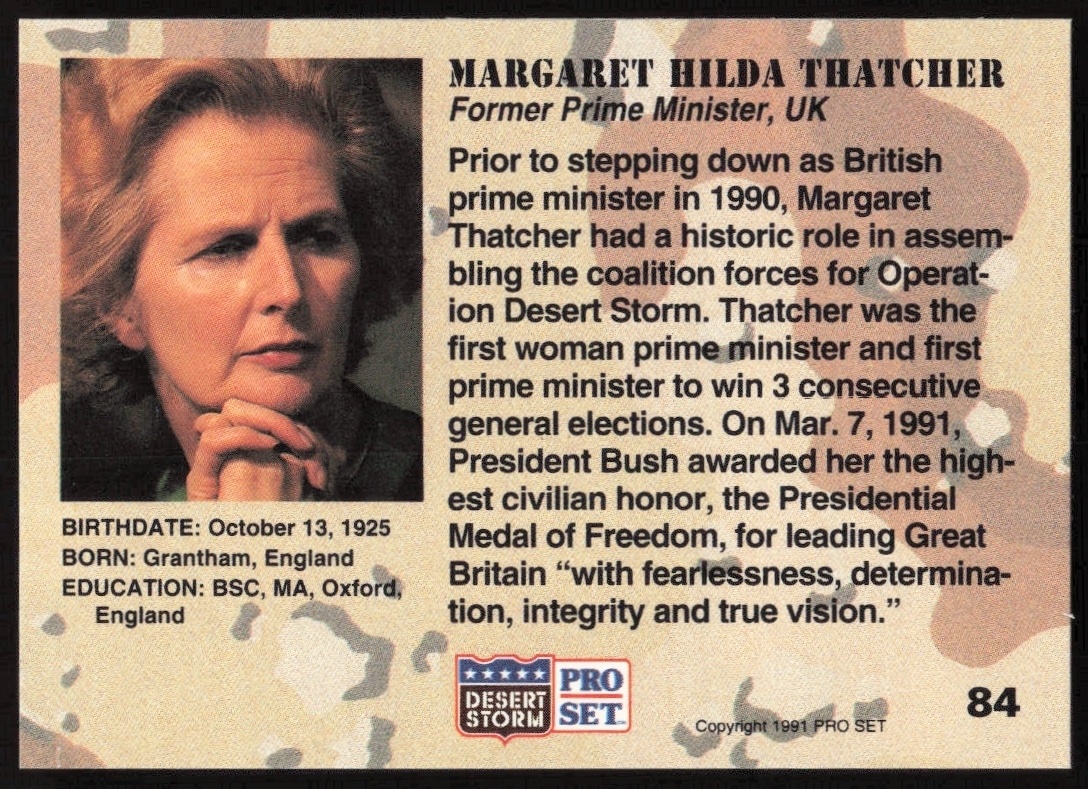1991 Pro Set Desert Storm Margaret Hilda Thatcher #84 military trading card back