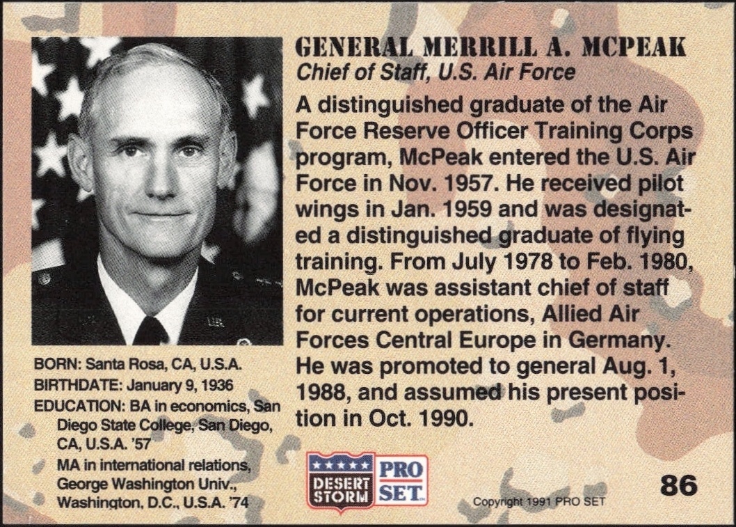 1991 Pro Set Desert Storm General Merrill A. Mcpeak #86 military trading card back