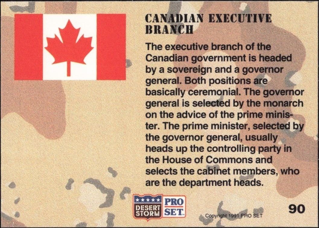 1991 Pro Set Desert Storm Canadian Executive Branch #90 military trading card back