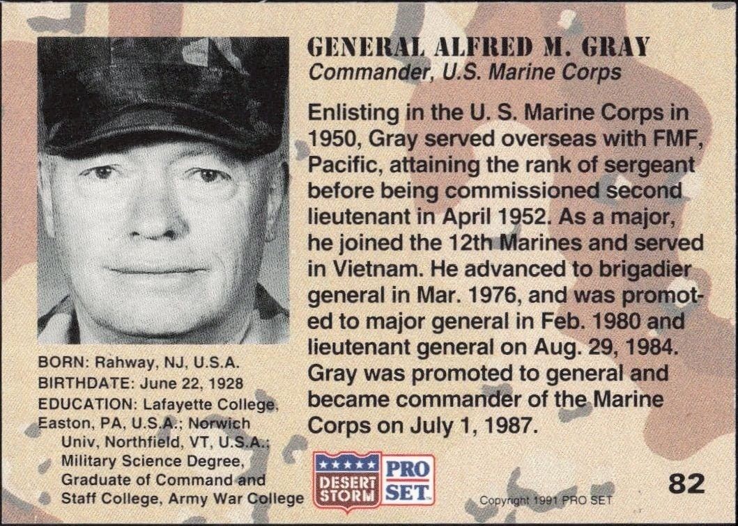 1991 Pro Set Desert Storm General Alfred M. Gray #82 military trading card back