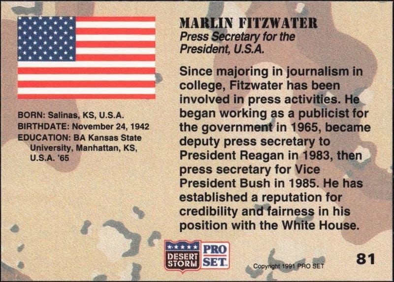 1991 Pro Set Desert Storm Marlin Fitzwater #81 military trading card back