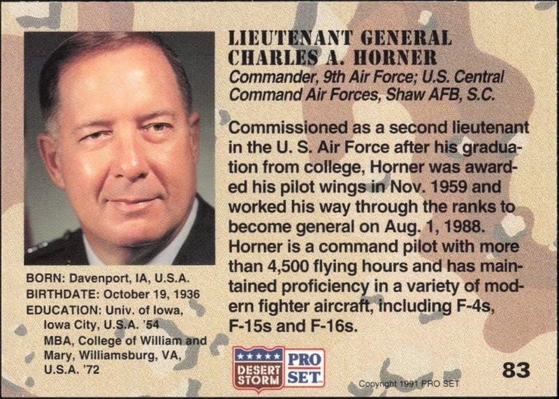 1991 Pro Set Desert Storm Lieutenant General Charles A. Horner #83 military trading card back