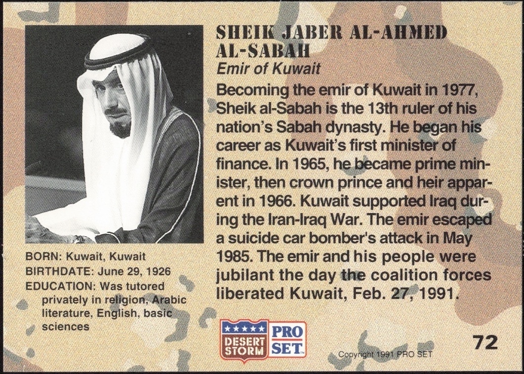 1991 Pro Set Desert Storm Sheik Jaber Al Ahmed Al Sabah #72 military trading card back