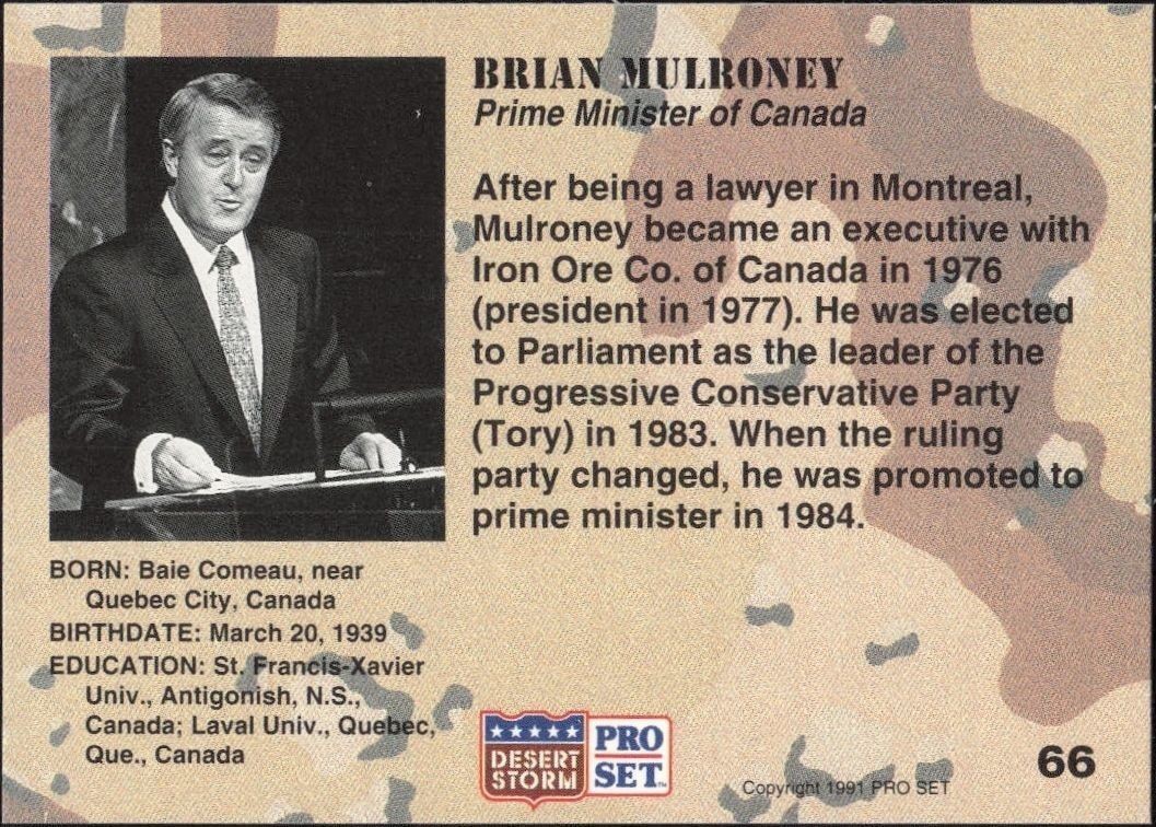 1991 Pro Set Desert Storm Brian Mulroney #66 military trading card back