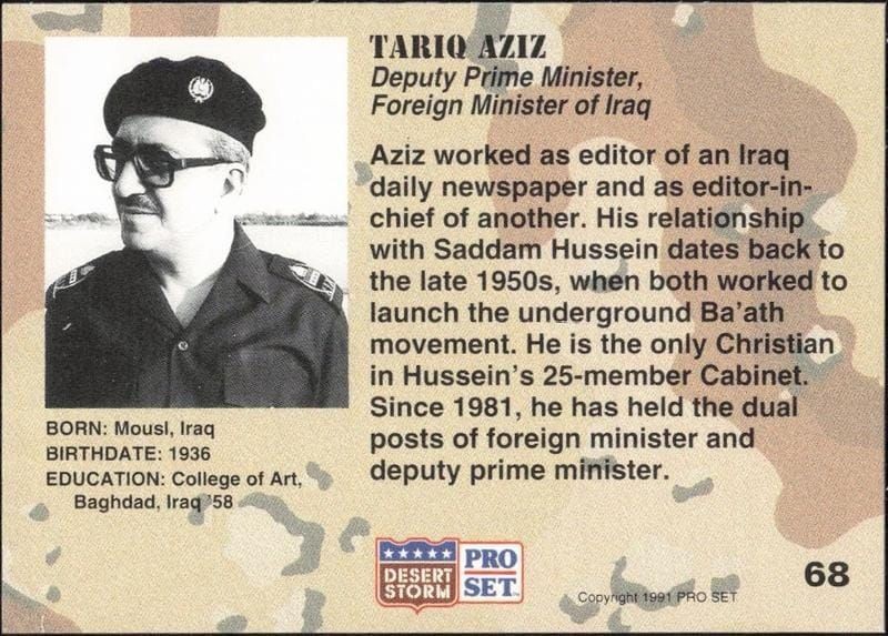 1991 Pro Set Desert Storm Tariq Aziz #68 military trading card back