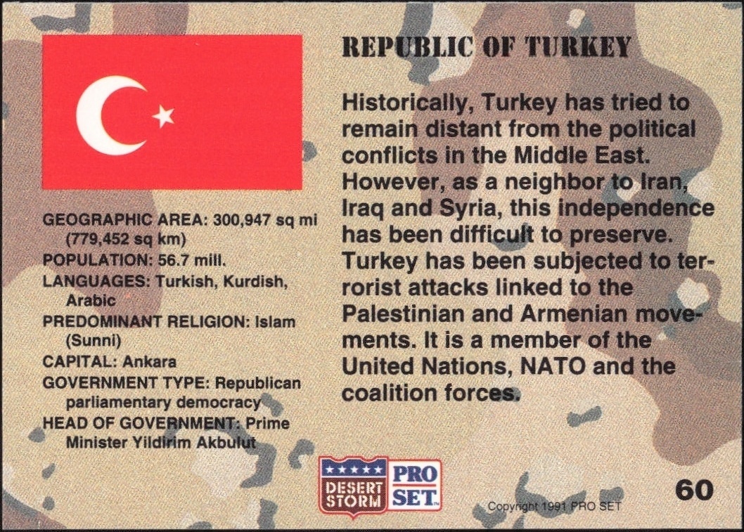 1991 Pro Set Desert Storm Turkey #60 military trading card back