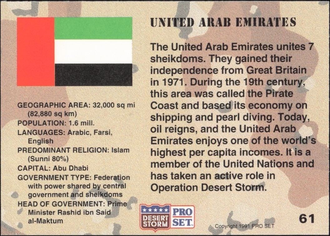 1991 Pro Set Desert Storm U.A.E. #61 military trading card back