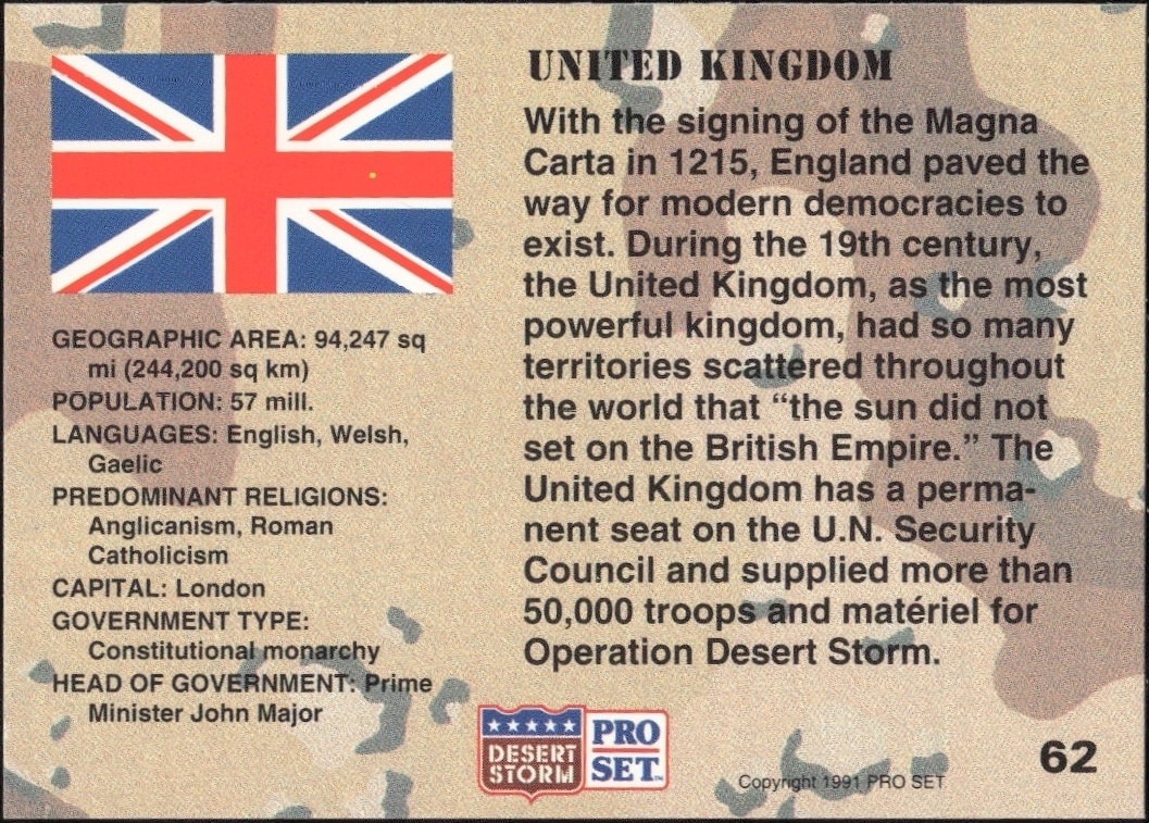 1991 Pro Set Desert Storm United Kingdom #62 military trading card back