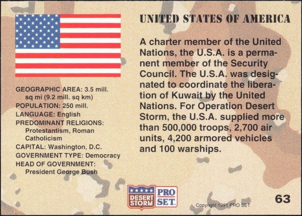1991 Pro Set Desert Storm United States #63 military trading card back