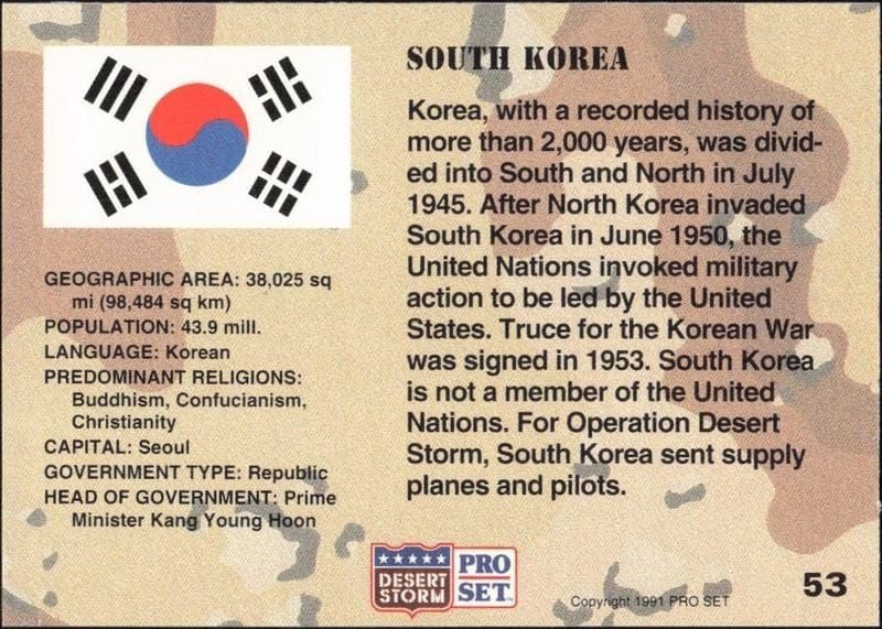 1991 Pro Set Desert Storm South Korea #53 military trading card back