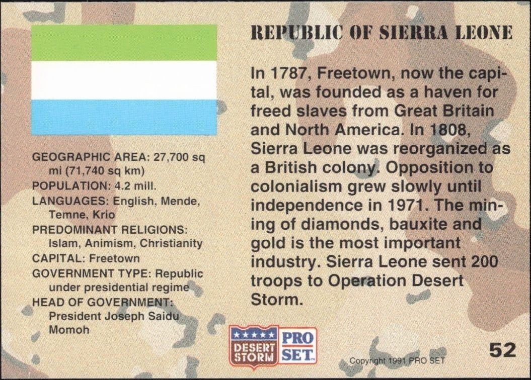 1991 Pro Set Desert Storm Sierra Leone #52 military trading card back