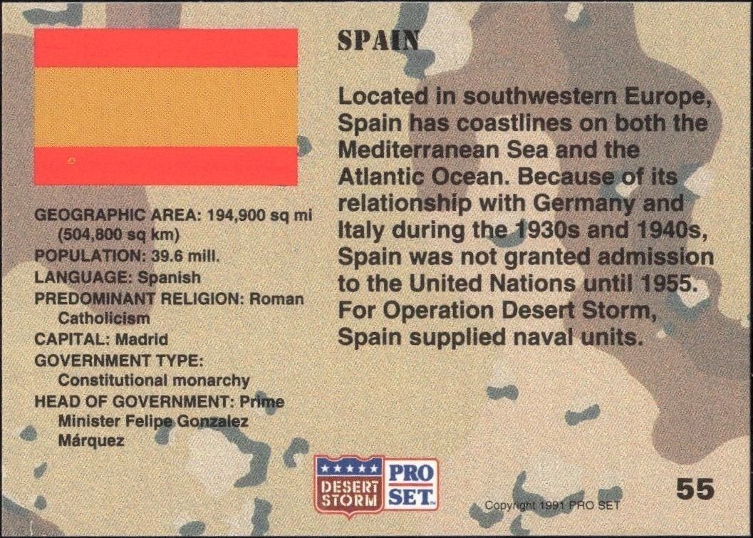 1991 Pro Set Desert Storm Spain #55 military trading card back