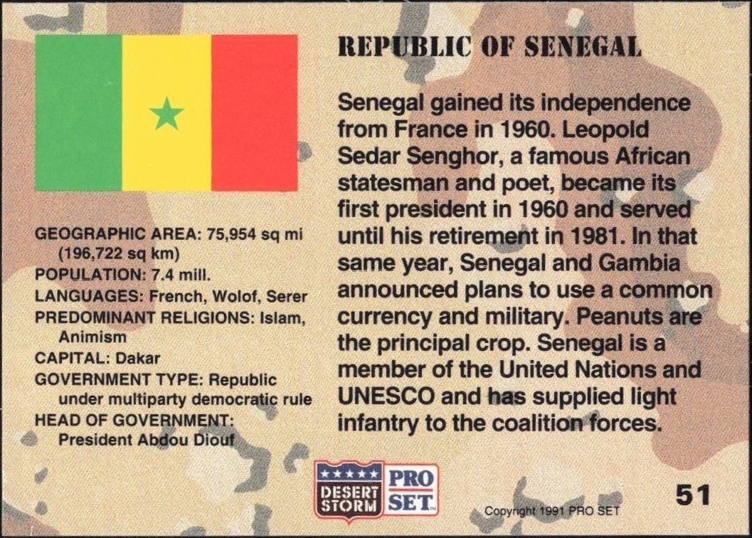 1991 Pro Set Desert Storm Senegal #51 military trading card back