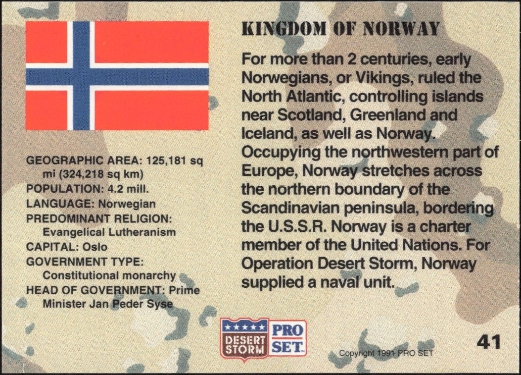 1991 Pro Set Desert Storm Norway #41 military trading card back
