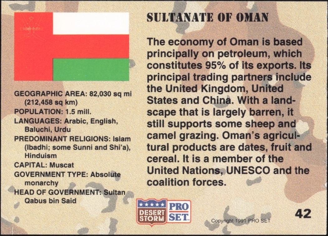 1991 Pro Set Desert Storm Oman #42 military trading card back