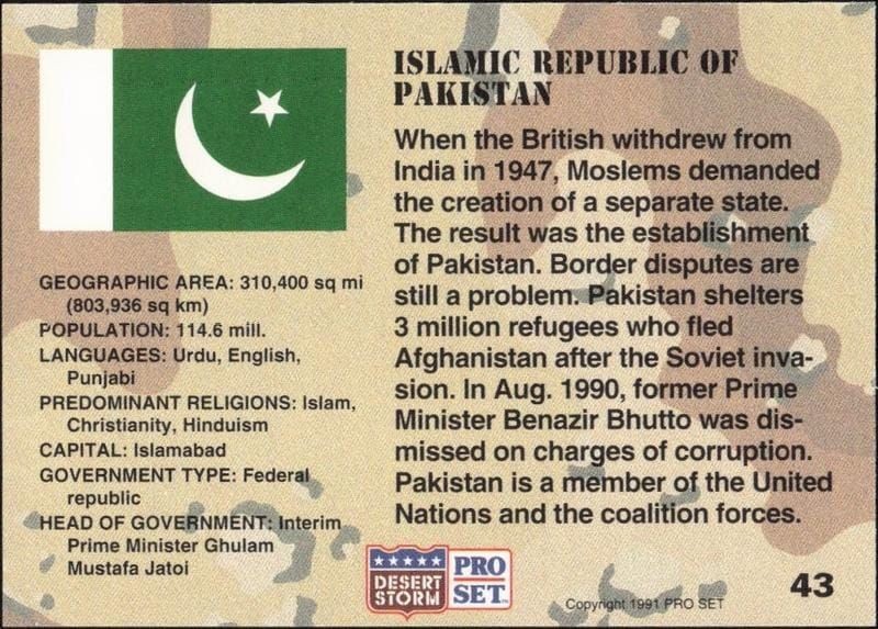 1991 Pro Set Desert Storm Pakistan #43 military trading card back