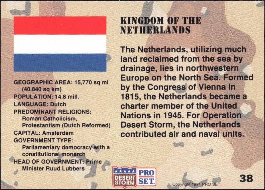 1991 Pro Set Desert Storm Netherlands #38 military trading card back