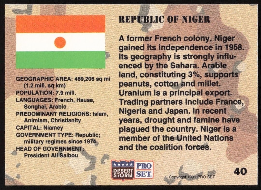 1991 Pro Set Desert Storm Niger #40 military trading card back