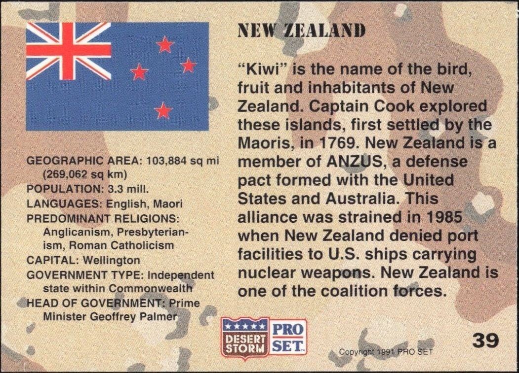 1991 Pro Set Desert Storm New Zealand #39 military trading card back