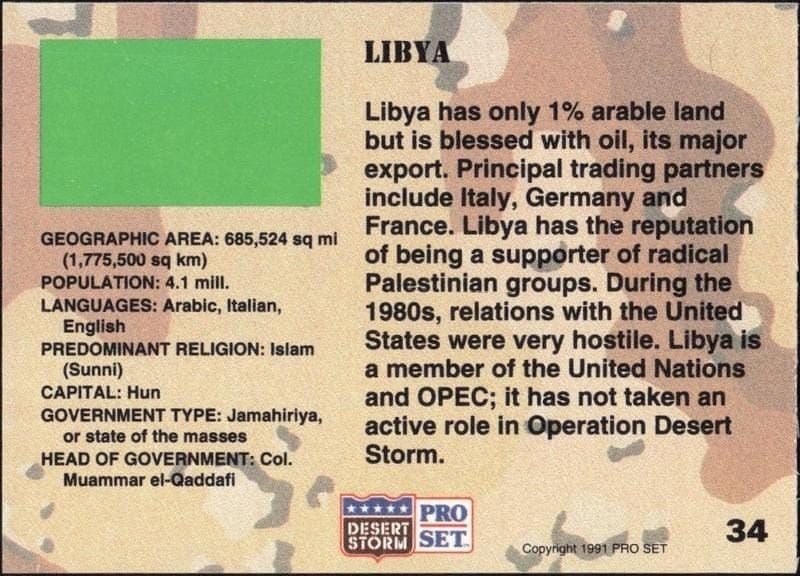 1991 Pro Set Desert Storm Libya #34 military trading card back