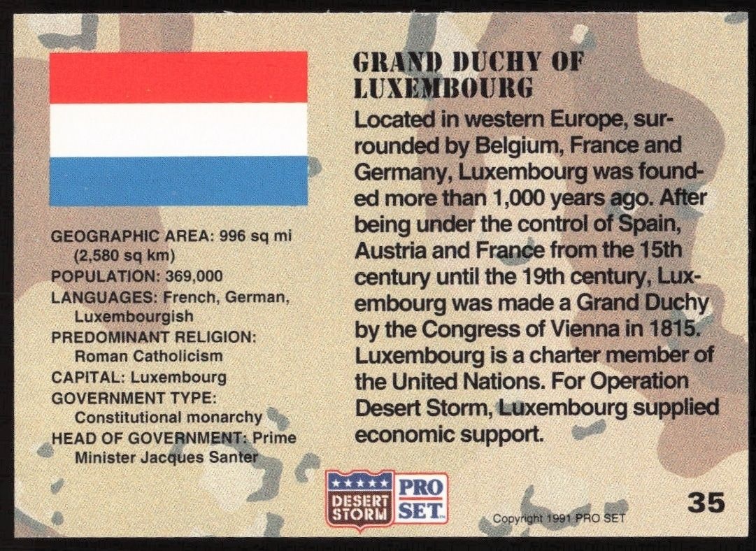 1991 Pro Set Desert Storm Luxembourg #35 military trading card back