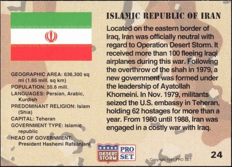 1991 Pro Set Desert Storm Iran #24 military trading card back