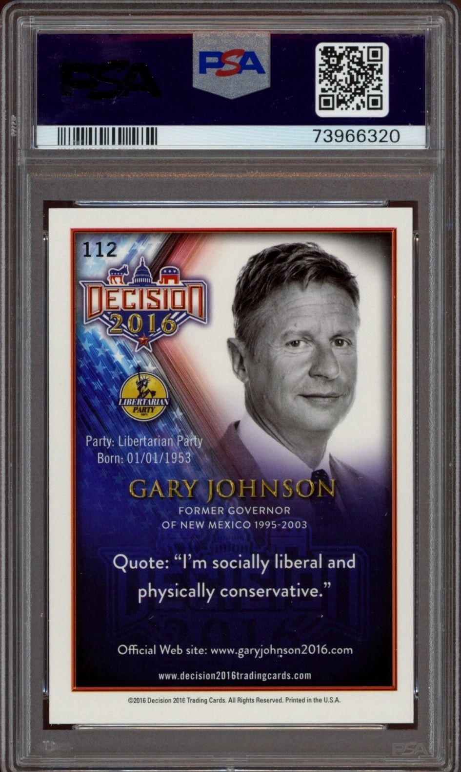 2016 Leaf Decision Gary Johnson #112 political trading card back