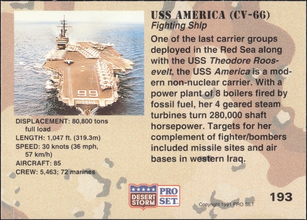 1991 Pro Set Desert Storm USS America (CV-66) #193 military trading card back