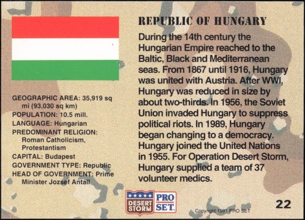 1991 Pro Set Desert Storm Hungary #22 military trading card back
