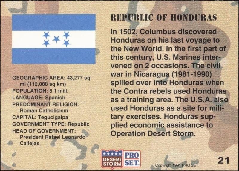 1991 Pro Set Desert Storm Honduras #21 military trading card back