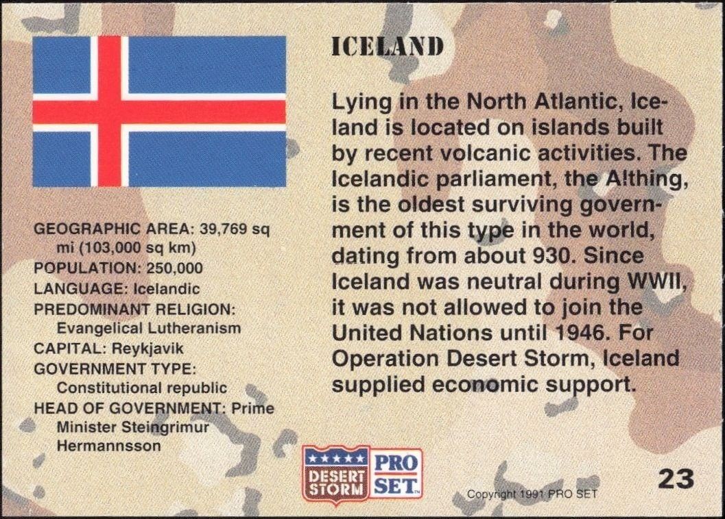 1991 Pro Set Desert Storm Iceland #23 military trading card back