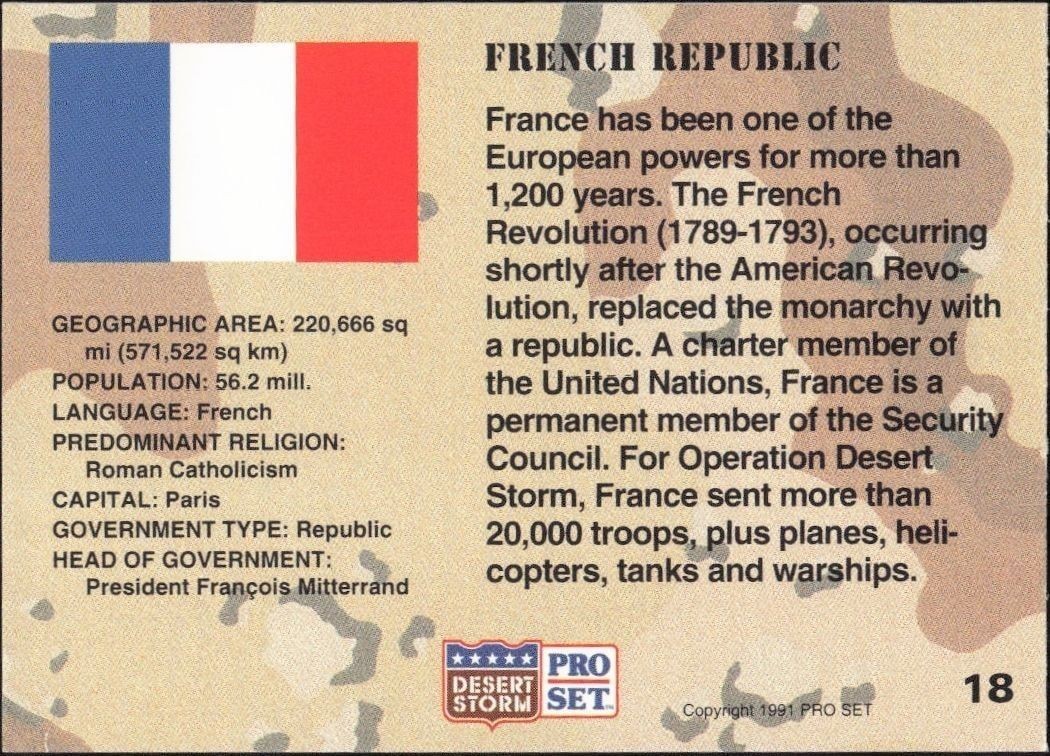 1991 Pro Set Desert Storm France #18 military trading card back