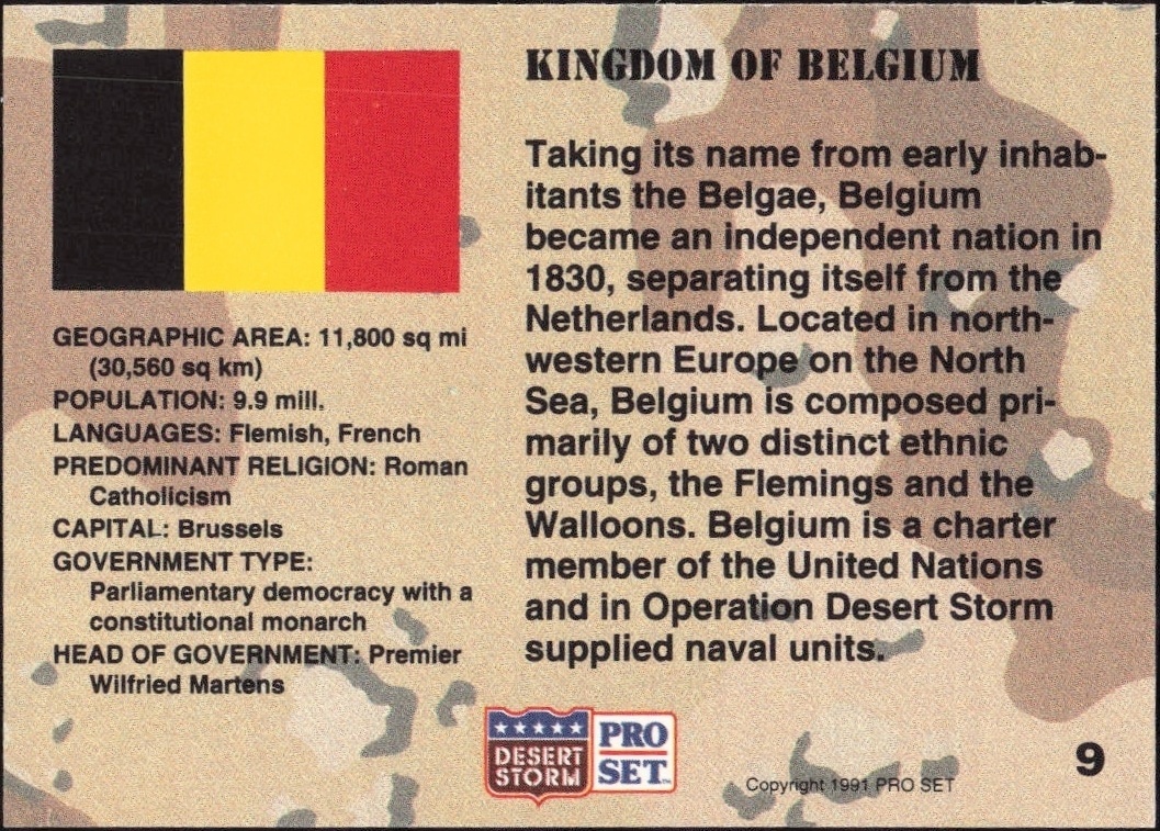 1991 Pro Set Desert Storm Belgium #9 military trading card back