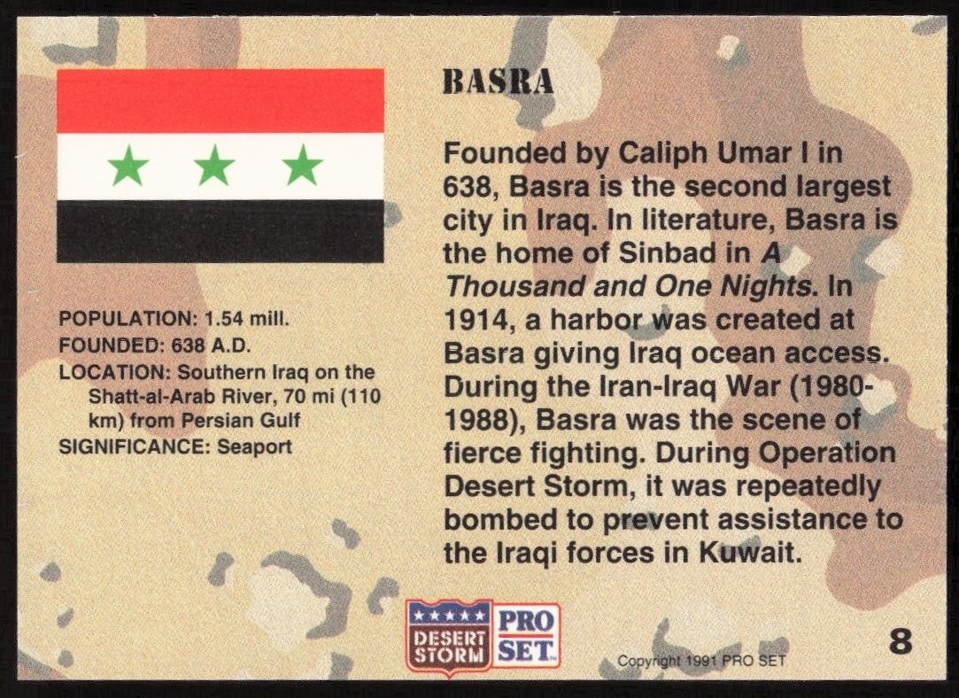 1991 Pro Set Desert Storm Basra #8 military trading card back