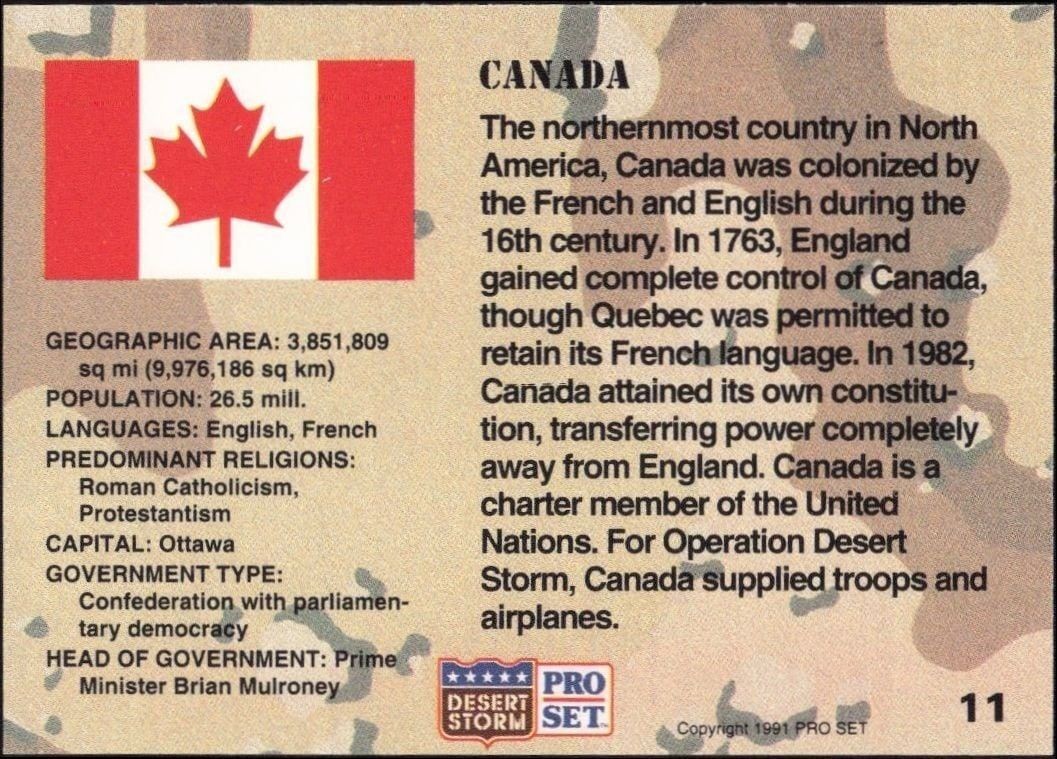 1991 Pro Set Desert Storm Canada #11 military trading card back