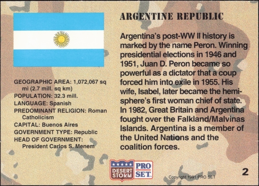 1991 Pro Set Desert Storm Argentina #2 military trading card back
