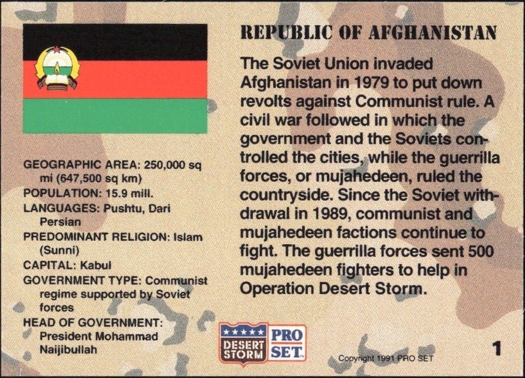 1991 Pro Set Desert Storm Afganistan #1 military trading card back