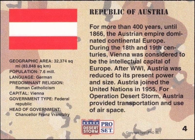 1991 Pro Set Desert Storm Austria #4 military trading card back