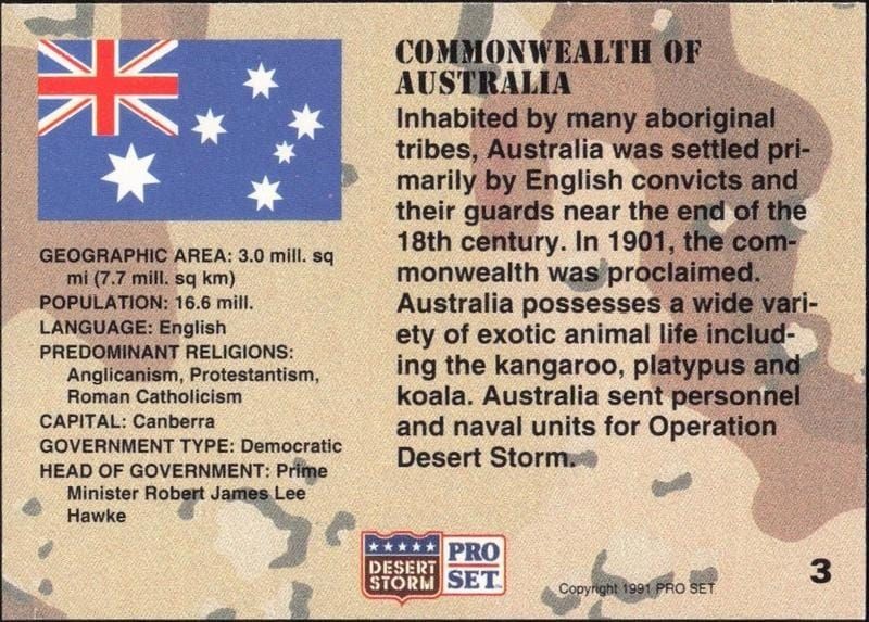 1991 Pro Set Desert Storm Australia #3 military trading card back