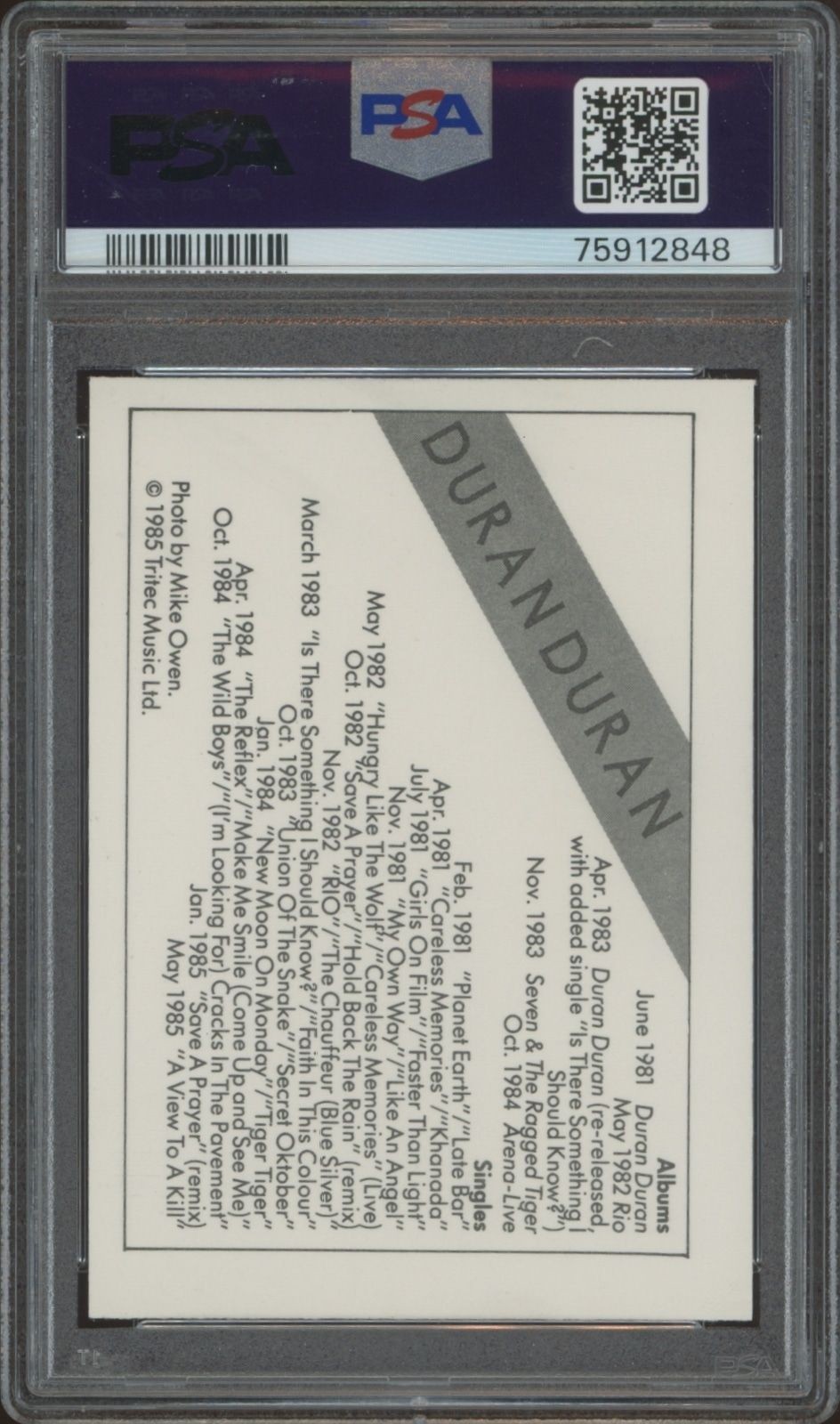 1985 Wonder Bread Rock Stars Duran Duran #NA entertainment trading card back