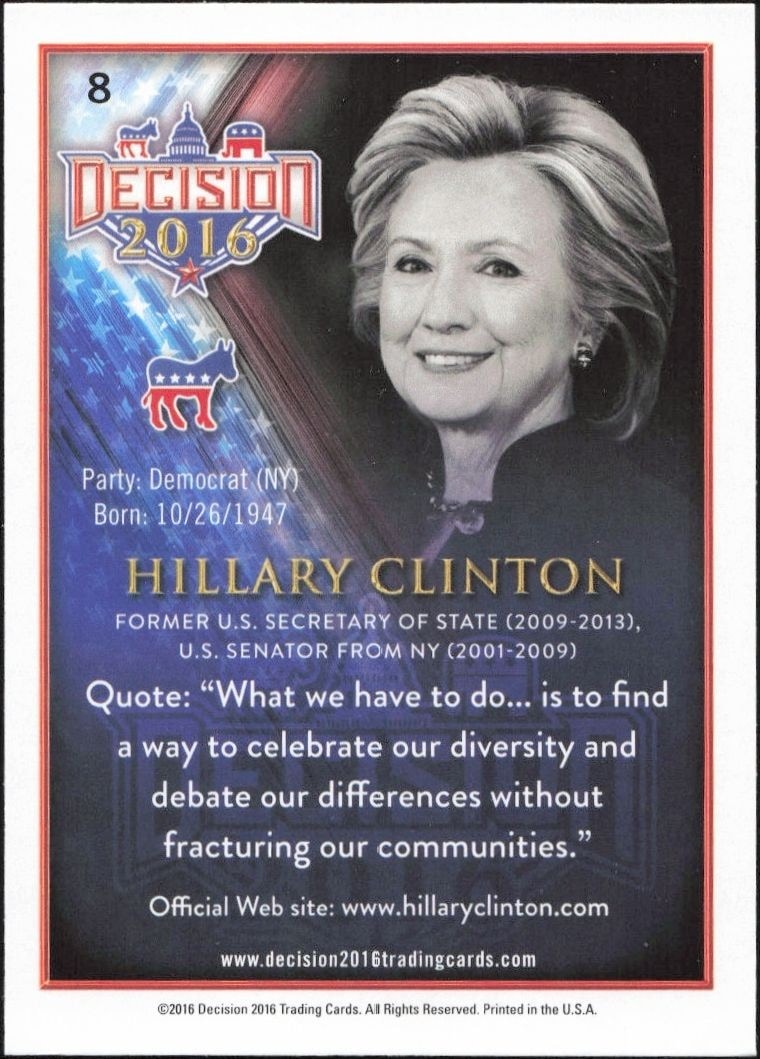 2016 Leaf Decision Hillary Clinton #8 political trading card back