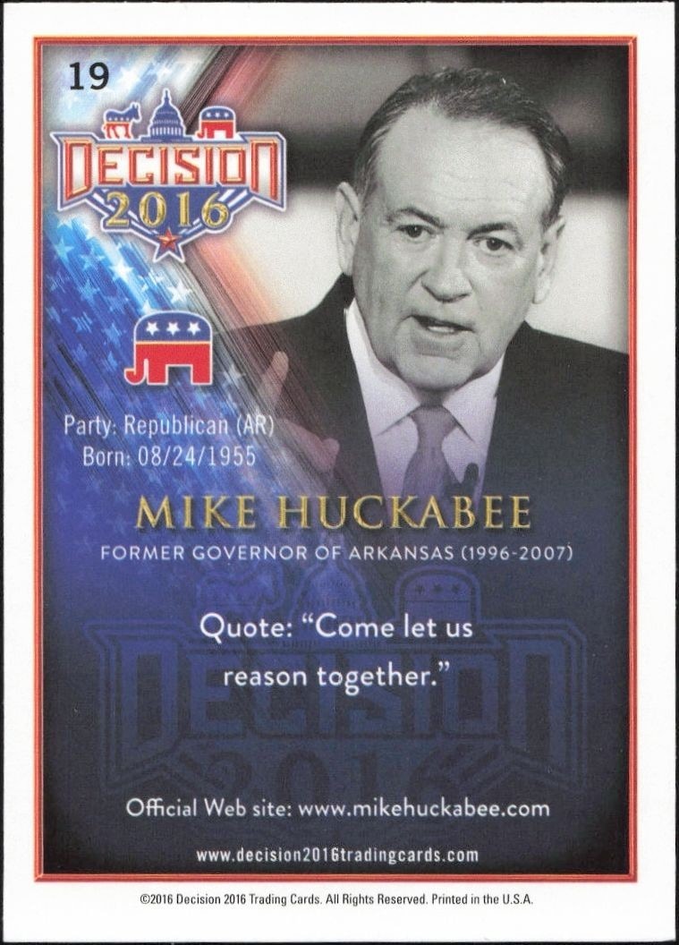 2016 Leaf Decision Mike Huckabee #19 political trading card back