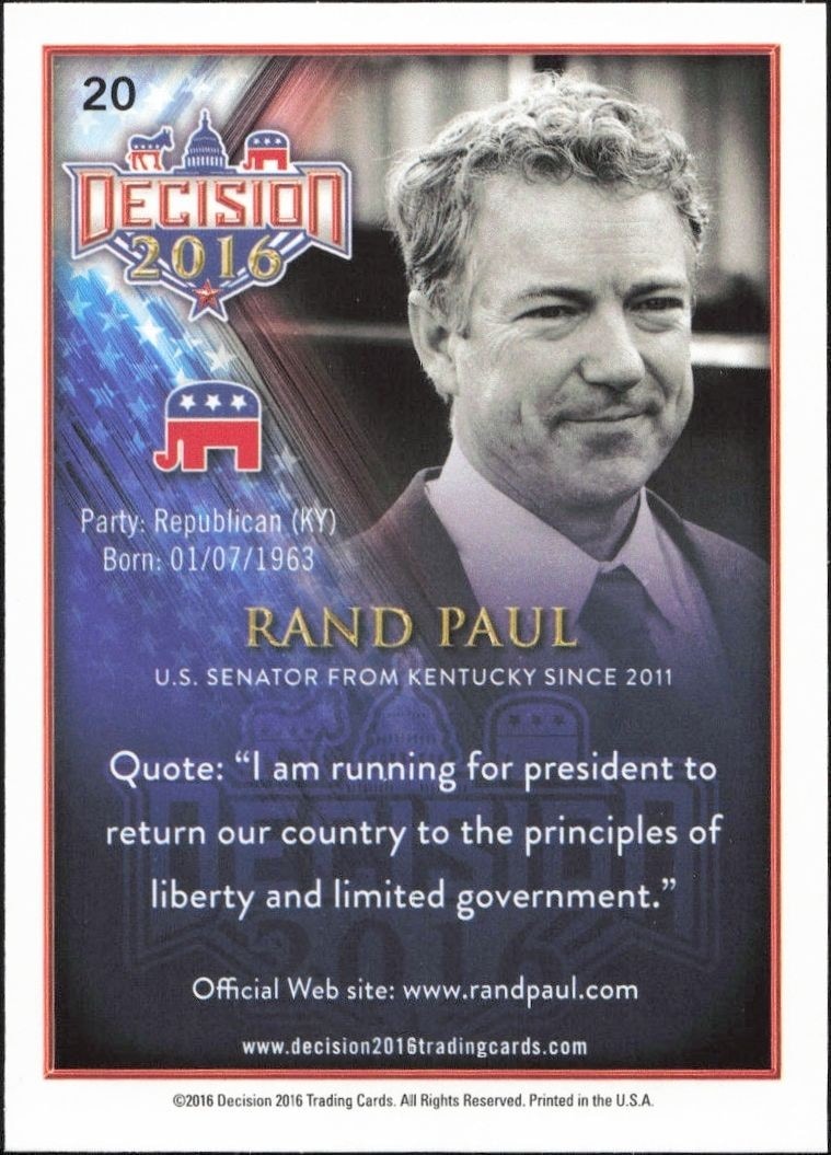 2016 Leaf Decision Rand Paul #20 political trading card back