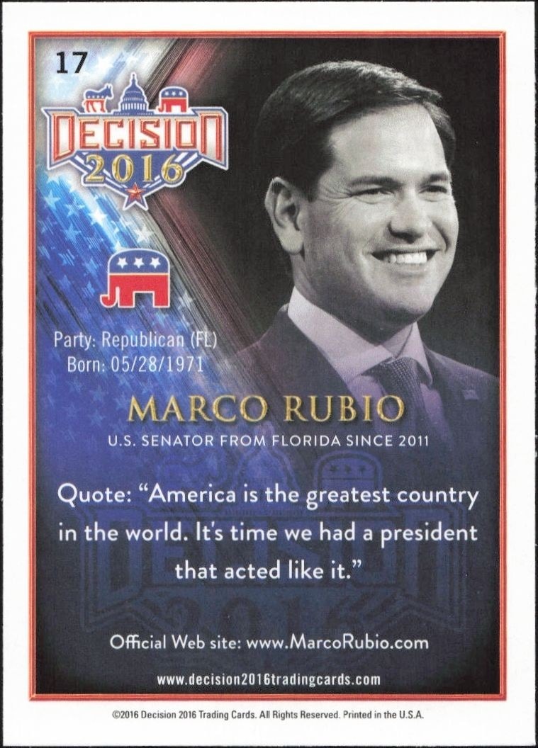 2016 Leaf Decision Marco Rubio #17 political trading card back