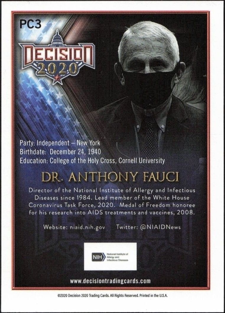 2020 Leaf Decision Dr. Anthony Fauci #PC3 political trading card back