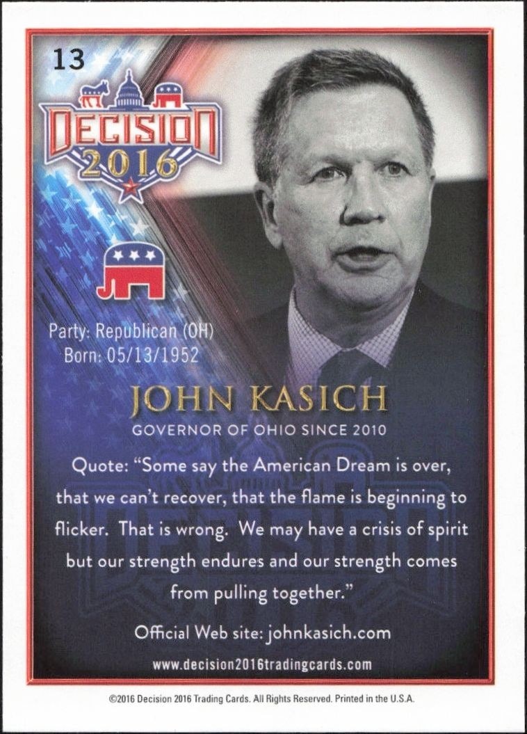 2016 Leaf Decision John Kasich #13 political trading card back