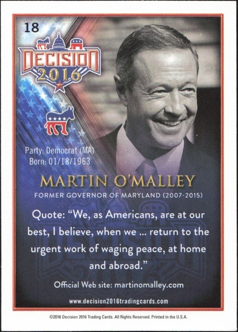 2016 Leaf Decision Martin O'Malley #18 political trading card back