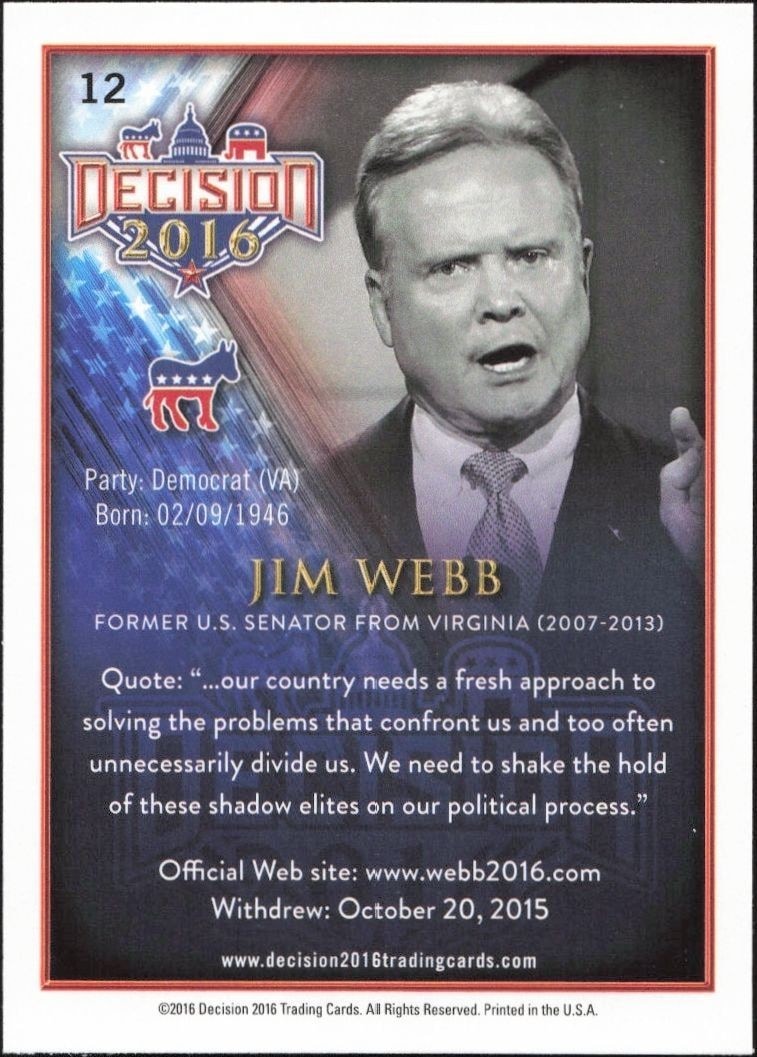 2016 Leaf Decision Jim Webb #12 political trading card back